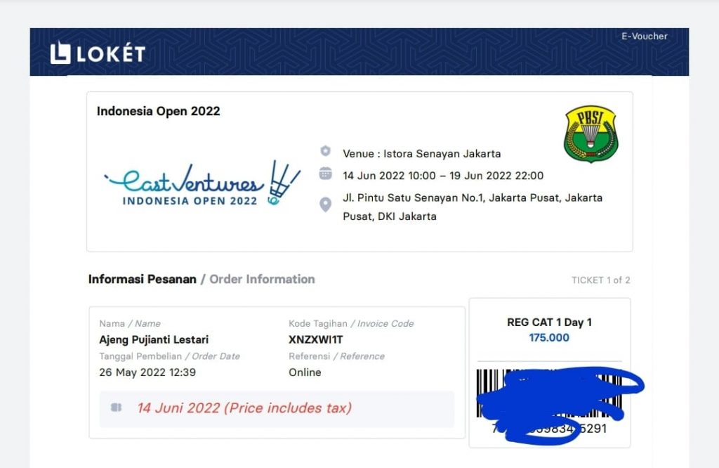 Penampakan e-ticket Indonesia Open 2022